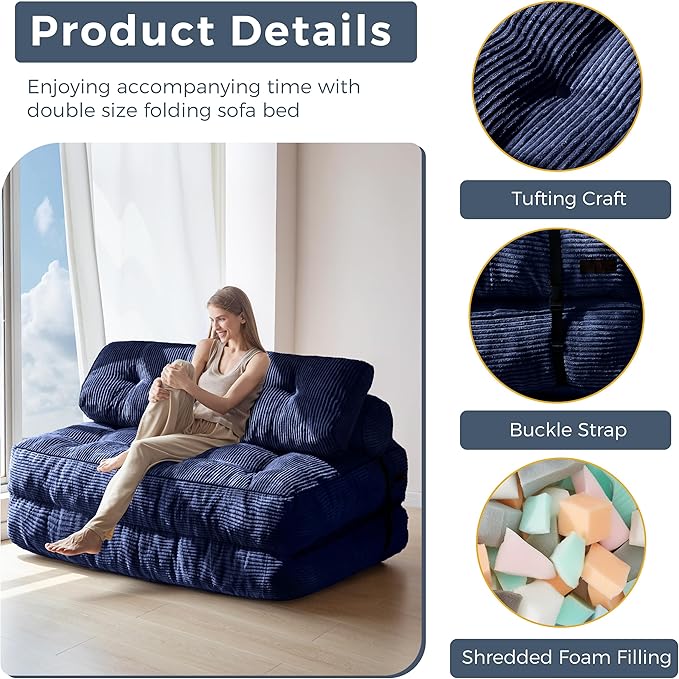 MAXYOYO Folding Sofa Bed, Convertible Sleeper Chair with Pillow Foldable Matress with Back Support, Portable Fold Out Chair Bed Comfy Floor Sofa Lounge for Living Room Bedroom, Navy Double
