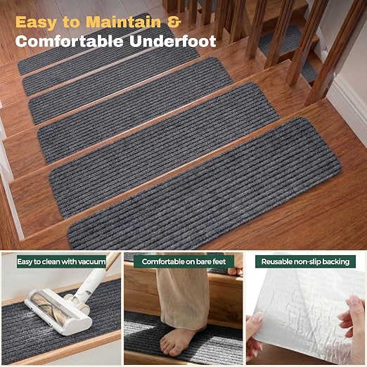 MBIGM Carpet Stair Treads for Wooden Steps, 7 Pack, 8" x 30", Grey Stripe | Four-layer polyester carpet with PP grid base, nonwoven cushion and TPR adhesive backing adds indoor traction and comfort