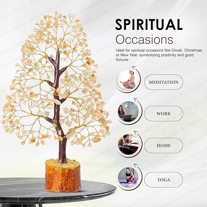 Crocon Citrine Gemstone Tree Feng Shui Figurine Money Bonsai Chakra Balancing Good Luck Prosperity Reiki Healing Crystals Decoration Ornament Sculpture Table Decor Gift Size 10-12"""