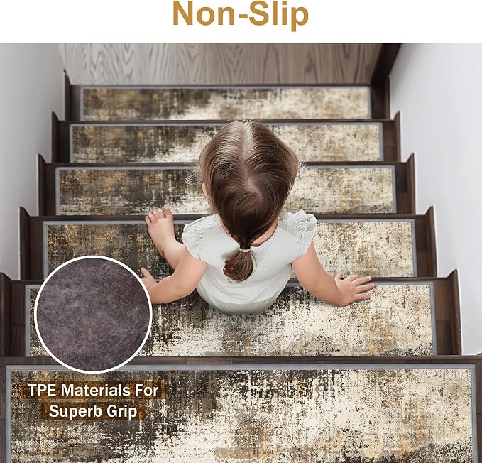 sarben 8"x30" Non Slip Stair Treads for Wooden Steps 15 Pack,Chestnut Smoke | Peel and Stick Carpet Stair Runner with TPE Adhesive Backing, Carpet for Added Safety, Pet and Senior Friendly