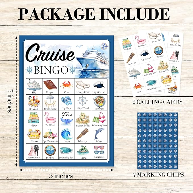 Cruise Bingo Game Cards, Cruise Ship Bingo Games for Adults, Cruise Vacation Bingo Cards Supplies, Birthday Party Decor Favors, Card Gifts for Friends Family Holiday, (Cruise)