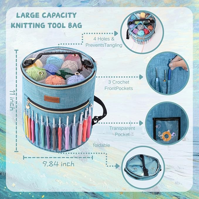 Yarniss Crochet Kits for Beginners with Bag,Crochet Set for Adults Including 1120 Yards Crochet Yarn 16 Colors,14 Size Ergonomic Crochet Hooks 2.0mm~10.0mm & Accessories,Slate Blue