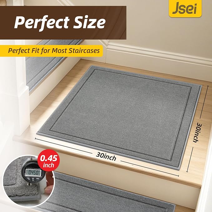 JSEI Non-Slip Stair Landing Rug Mat, 1-Pack 30" X 30", Light Grey | Edging Stair Treads Corner Indoor Stair Runners for Wooden Steps for Kids and Dogs, 100% Polyester, TPE Backing