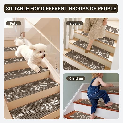 Carpet Stair Treads, Non-Slip Stair Treads for Wooden Steps Indoor | Stair Runner for Pets, Non Skid Staircase Step Treads Washable Reusable, Stair Protectors 30" x8" Set of 7, Brown
