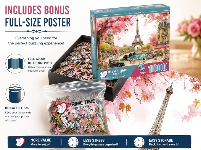 Adult Jigsaw Puzzle 1000 Piece Paris Romance | Features a whimsical Eiffel Tower spring scene. 20x27 inches. Great for game nights on a table, puzzleboard, or floor.