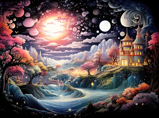 Adult Jigsaw Puzzle 1000 Piece Magic River | Twilight Enchantment design features a colorful mansion scene. — Great for game nights on a table, puzzleboard, or floor.