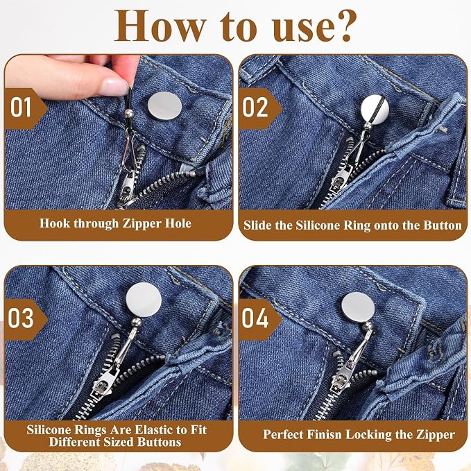 Jeans Zipper Holder, 20 Pcs Black Zipper Stopper for Pants and Skirt, Adjustable Zipper Puller Tool, Jean Buttons Clasps to Pants Up Stop Slipping