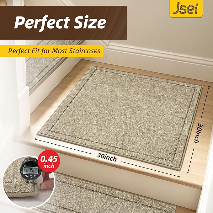 JSEI Non-Slip Stair Landing Rug Mat, 1-Pack 30" X 30", Light Beige | Edging Stair Treads Corner Indoor Stair Runners for Wooden Steps for Kids and Dogs, 100% Polyester, TPE Backing