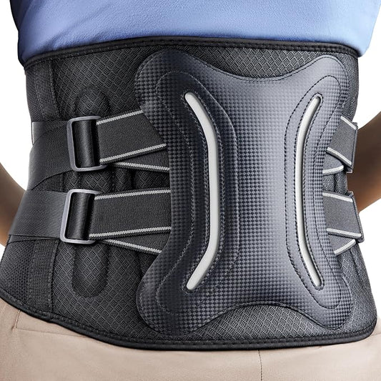 FEATOL Lower Back Brace with 5 Reinforced Stays for Women and Men, Adjustable Snug-Fit Lumbar Support Belt for Work, Size L, Waist 34.3-39.4 in, Grey