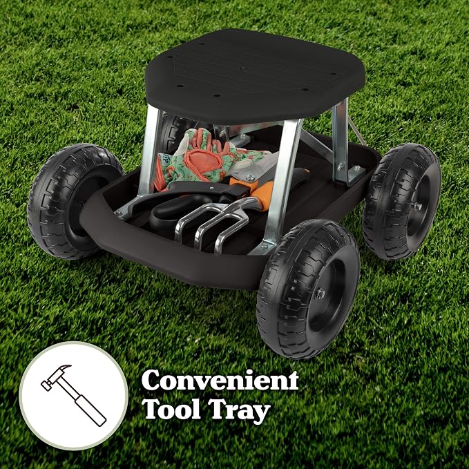 Pure Garden Rolling Garden Seat with Wheels, Black