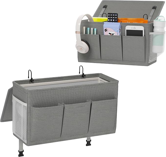 Bedside Caddy Storage Organizer for Bed Rails, Bed Caddy with 6 Pockets | Bedside Organizer with Fixed Straps and Hooks, Mattress Supported Versatile for Home, Dorm, Bunk, Hospital and Crib Bed