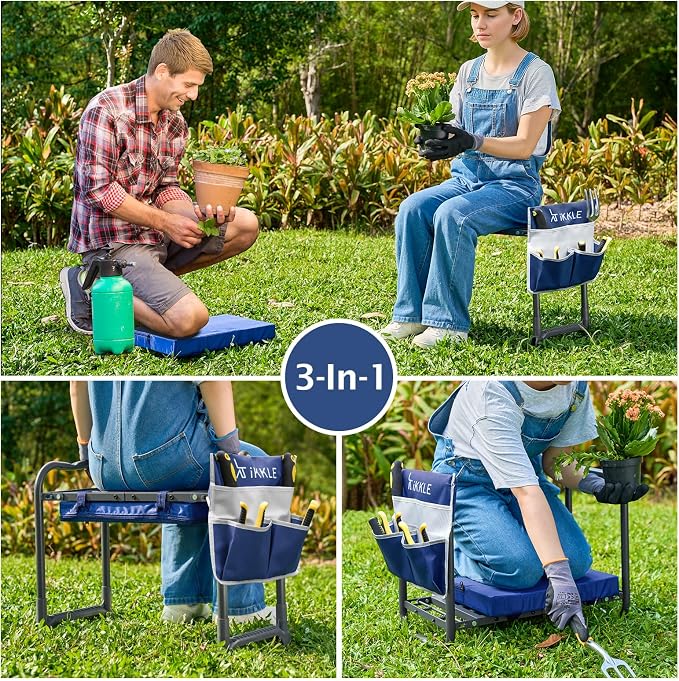 ikkle Heavy Duty Garden Kneeler and Seat, 838LB+ Capacity | Gardening Stool with Thicken & Widen Soft Kneeling Pad, Foldable Gardener Stool with Tool Pouch, Gift for Women, Gardeners