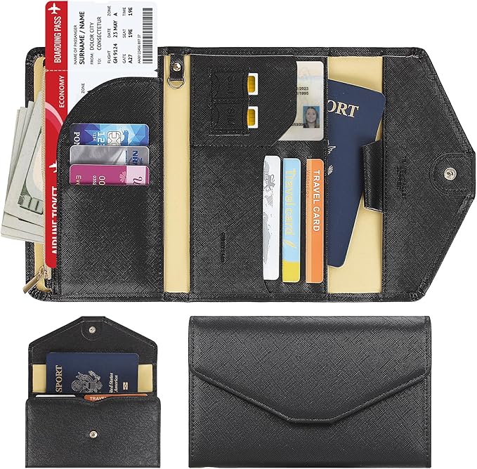 Passport Holder Travel Wallet Organizer for Women,Black | RFID secure, 6 card slots, 41 sim pockets, passport holder with zip-around wallet, slim fit for women travelers.