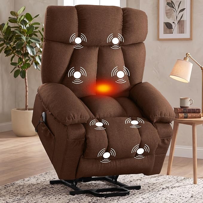 Oversized Power Lift Recliner Chair for Elderly, Big and Tall Lift Chair with Massage and Heat for Living Room, Fabric Electric Recliner Chairs with Side Pocket, USB Charge Port Brown