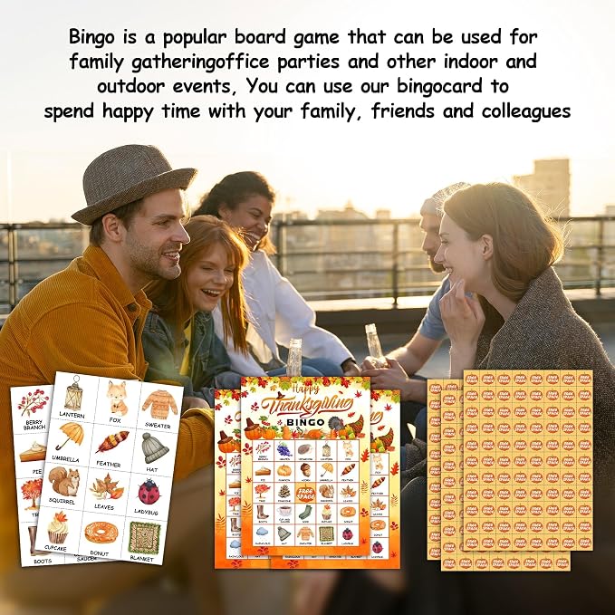 Happy Thanksgiving Party Bingo Game Cards, Fall Bingo Set for Adults Large Group, Fall Holiday Fun Party Games, Harvest Activities Icebreaker Games, Thanksgiving Gifts for Family Friends, 01