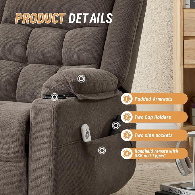 Power Lift Recliner Chair for Elderly Adults with Massage and Heat, Fabric Electric Recliner Sofa with Side Pocket, Two Cup Holders for Living Room L9912 (Brown)