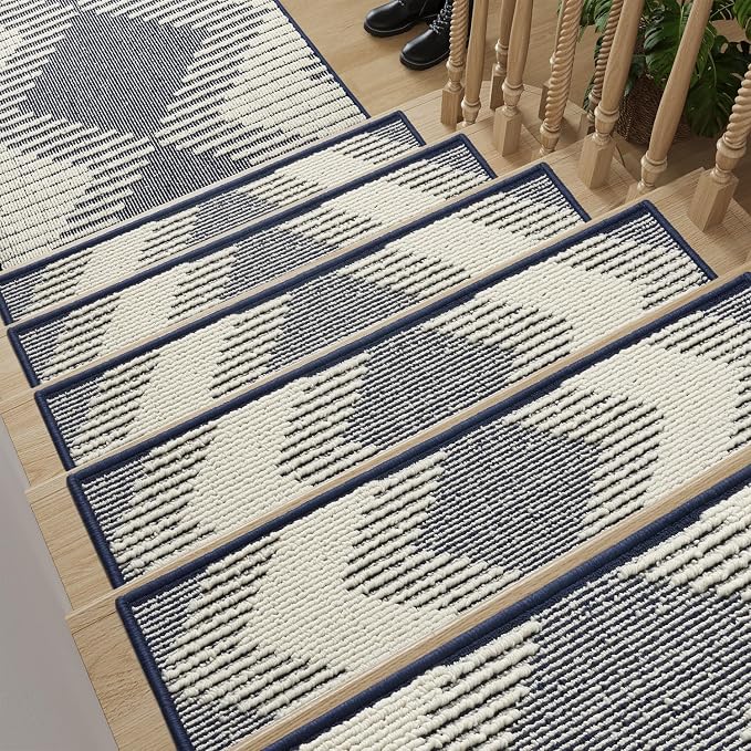 PADOOR 15PC Stair-Treads Non Slip, 3D Peel and Stick Stair Treads for Wooden Steps Indoor, Stair-Carpet Treads Washable Reusable Adhesive Stair-Runner Rugs for Kids and Dogs 8"x30" Blue