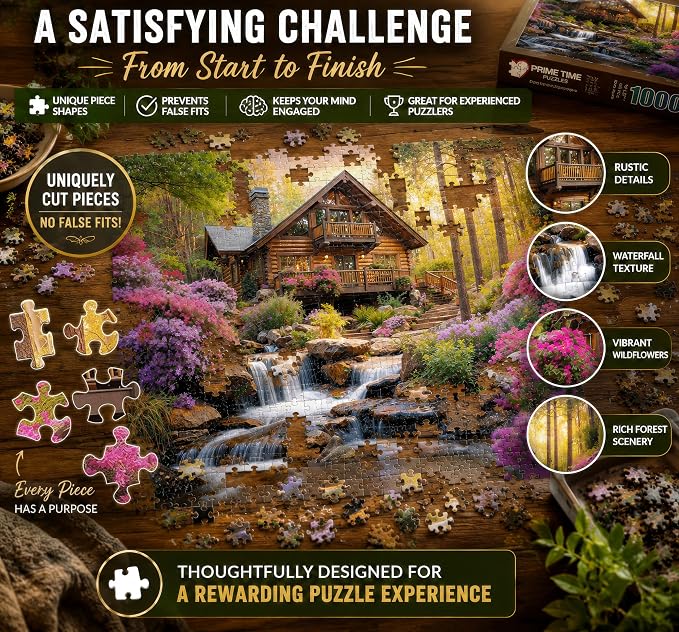 Adult Jigsaw Puzzle Mountain Cabin Waterfall | 1000-piece nature landscape photograph set in a forest. 20x27. Great for game nights on a table, puzzleboard, or floor.