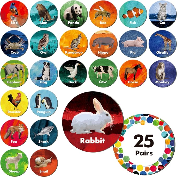 Hebayy Realistic Animal Matching Game, 50 PCS Round Animal Memory Matching Cards for Toddlers 25 Pairs Real Animal Memory Cards Educational Toys for Preschool Boys & Girls 4 5 6 Years Old