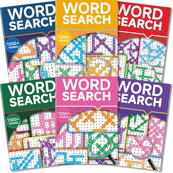 8000+ Large Print Word Search Books for Adults & Teens & Seniors, 6-Pack with 330+ Themes Puzzles Activity Books for Brain Games & Stress Relief（Innovative Shape Word Search Design）
