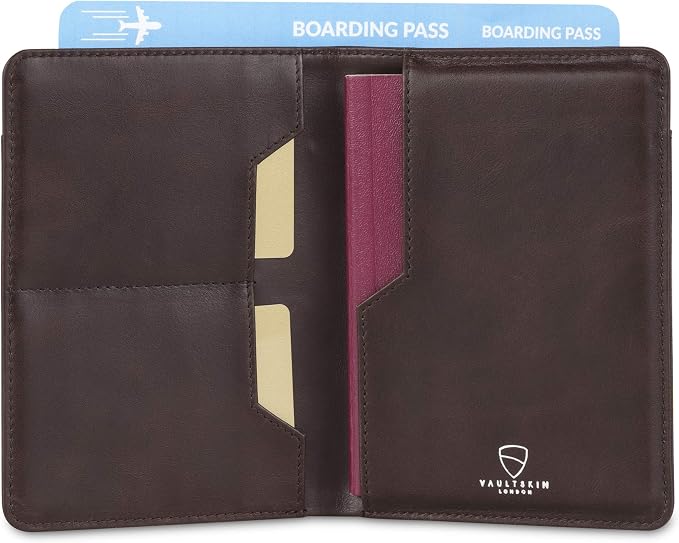 Vaultskin KENSINGTON Passport Holder for Travel, RFID Wallet (Brown) | Slim genuine leather book cover, small case for men and women, inner sleeve, cards, cash, scan blocking protection, gift box