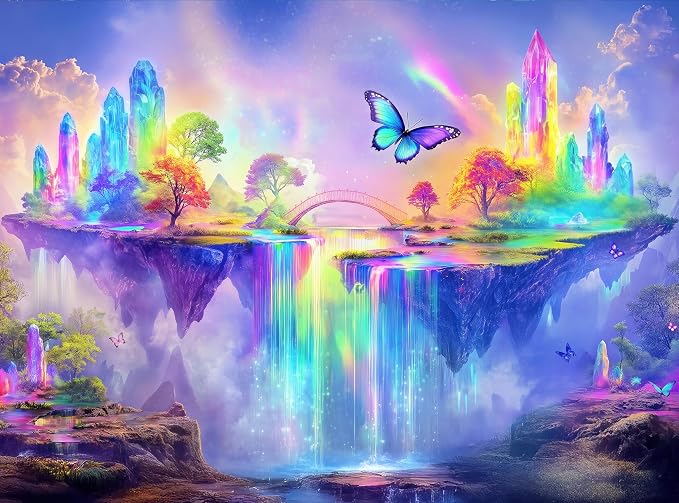 Adult Jigsaw Puzzle Fantasy Butterfly Rainbow | 1000-piece challenging puzzle of a magical crystal waterfall landscape - Suitable for a table, puzzleboard, or floor.