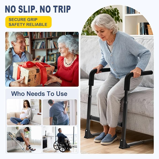 Couch Stand Assist for Elderly Seniors, Adjustable Height & Width, Black | Non-slip handles for secure grip. Supports 400 lbs. Heavy duty frame. Use on couch, chair & low seats.