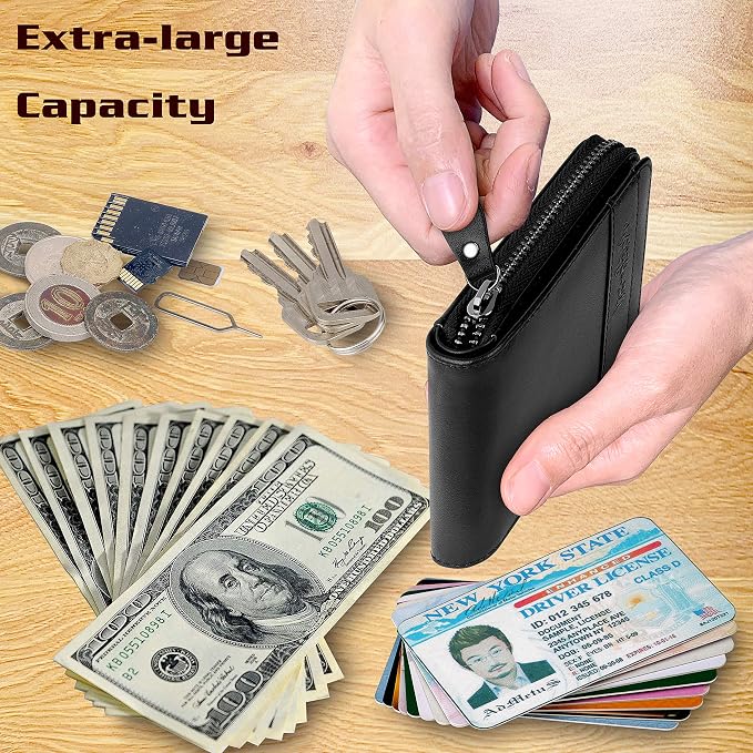 Admetus Mens Zipper Wallet Leather RFID Blocking Card Holder Zip Bifold | genuine leather,gift box packaging, ID window, 12 card slots,zip around