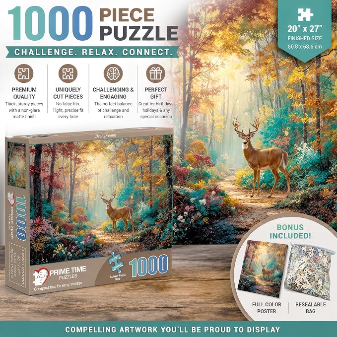 Adult Jigsaw Puzzle 1000 Piece Deer Dreams | Features a majestic whitetail buck in a fall forest scene. Great for game nights on a table, puzzleboard, or floor.
