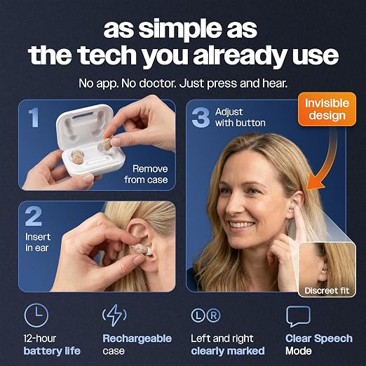 HEARO OTC Hearing Aids Rechargeable - Small CIC Invisible In-Ear Hearing Aid for Seniors & Adults | Mild to Moderate Hearing Loss | Amplified Sound Clarity | No Prescription Required (Pair)