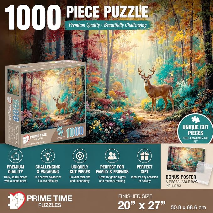 Adult Jigsaw Puzzle 1000 Piece Deer Dreams | Features a majestic whitetail buck in a fall forest scene. Great for game nights on a table, puzzleboard, or floor.
