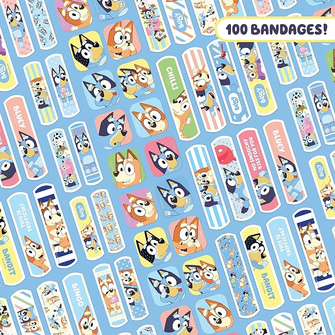 Bluey Kids Bandages, 3 Assorted Sizes 100 CT | Wear Like Stickers, Flexible Adhesive Bandages for Minor Cuts, Scrapes, and Burns. Great Gift idea and Stocking Stuffer