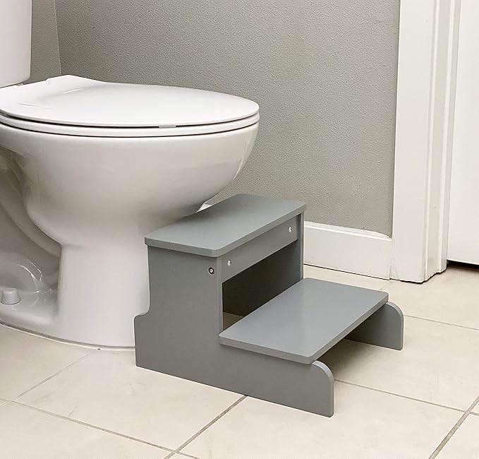BirdRock Home Wooden Step Stool for Kids - Grey – Decorative - Strong Sturdy Wood 2 Steps - Toddler Kids Step Helper for Kitchen Sink – Bathroom Toilet Stepping – Lightweight Construction