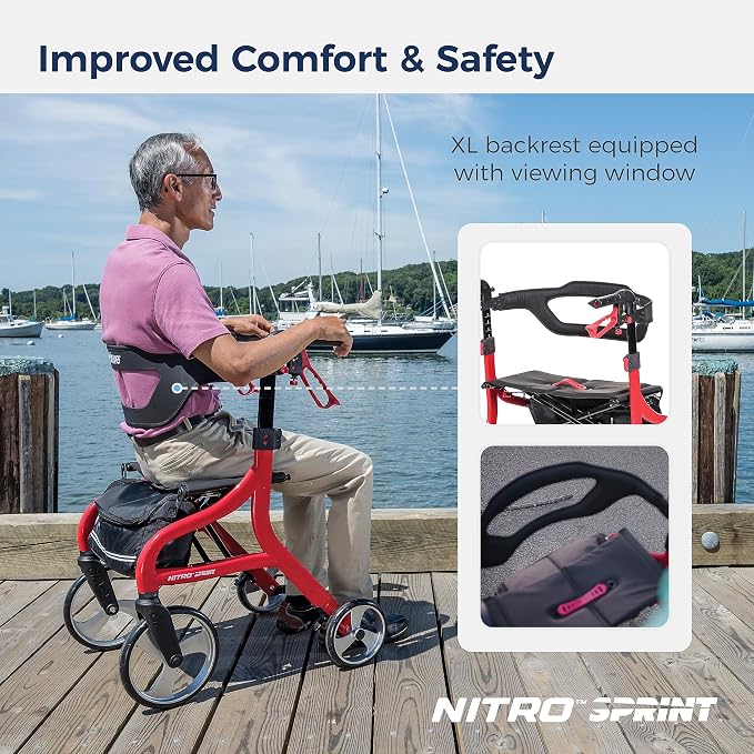 Drive Medical Nitro Sprint Rollator Walker with Seat, Petite Height, Red | Lightweight Rollator with Large Wheels Offers Short, Foldable Design for Seniors and Adults Every Day