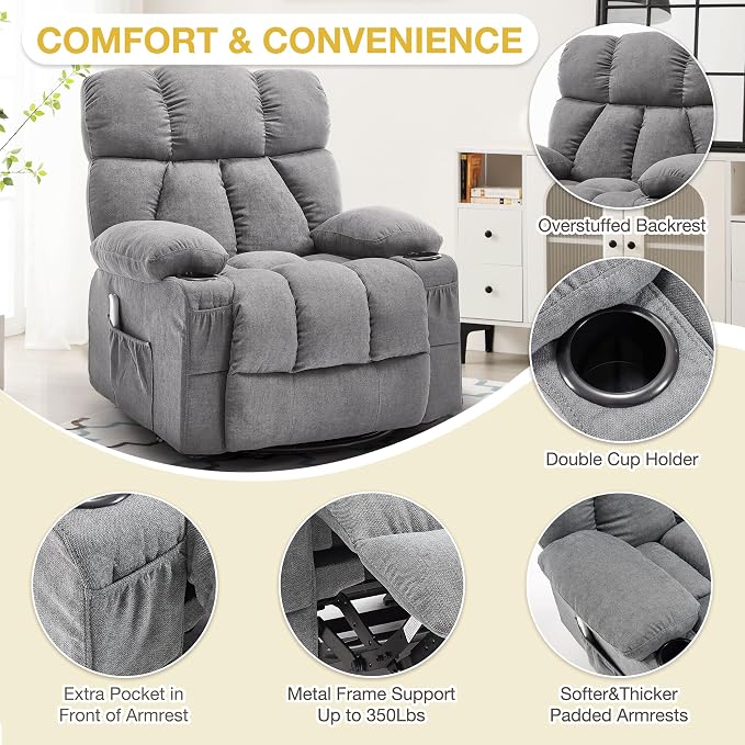 Oversized Massage Swivel Rocker Recliner Chair with Heat and Vibration Rocking Lounge Chair for Living Room Comfy Overstuffed Recliner with 4 Side Pockets,2 Cup Holders, USB Charge Port, Grey