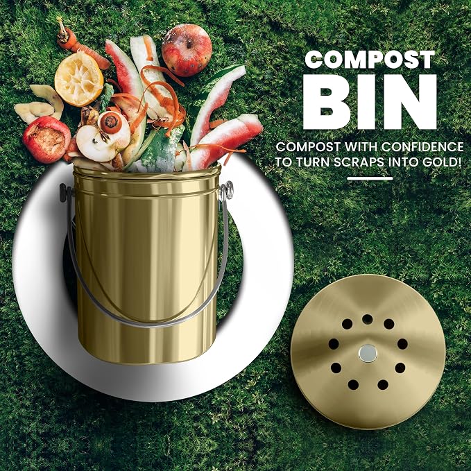Utopia Kitchen Countertop Compost Bin 1.3 Gallon, Stainless Steel, Gold | Odorless countertop compost bin with charcoal filter, ideal for food scraps and waste