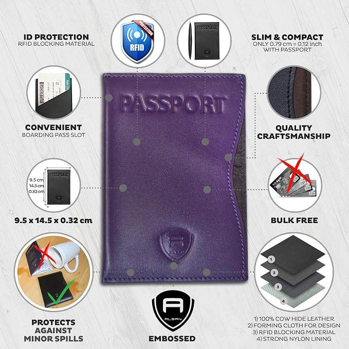Alban RFID Passport Holder for Women & Men, Genuine Leather Passport Cover | RFID blocking design helps protect personal information while traveling, Slim genuine leather case for travel essentials