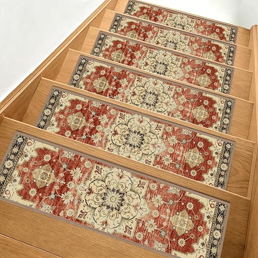 Non Slip Stair Treads for Wooden Steps, 4 Pack 8"x30" Washable Carpet | 8x30 in soft chenille polyester stair treads with reusable TPE backing for indoor wood stairs, dogs, kids, and seniors