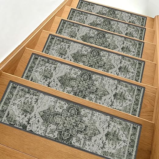 Non Slip Stair Treads for Wooden Steps, 15 Pack 8"x30" Washable Carpet | 8x30 in soft chenille polyester stair treads with reusable TPE backing for indoor wood stairs, dogs, kids, and seniors
