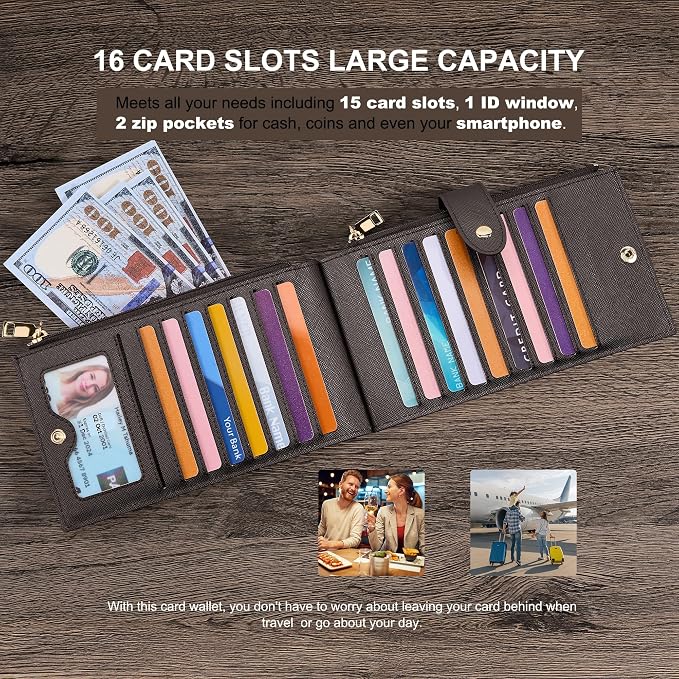 Travelambo RFID Wallet Women Large Size Bifold Multi Card Wallet Case with Zipper Pocke Credit Card Holder for Women