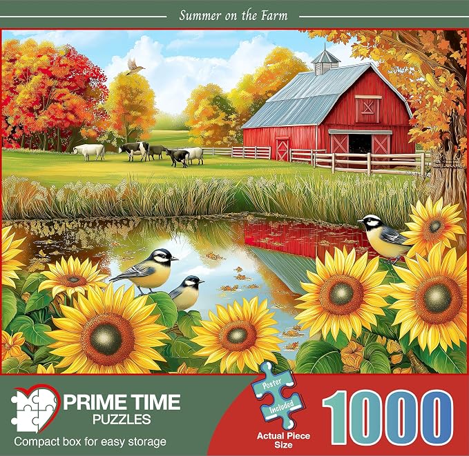Adult Jigsaw Puzzle 1000 Piece Farm Scene | Features sunflowers, birds, and cows at a country barn. Challenging. Great for game nights on a table, puzzleboard, or floor.
