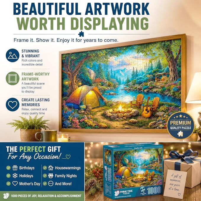 Adult Jigsaw Puzzle 1000 Piece Camping Scene | Features a scenic tent camping by the river design. 20x27 inches — Great for game nights on a table, puzzleboard, or floor.