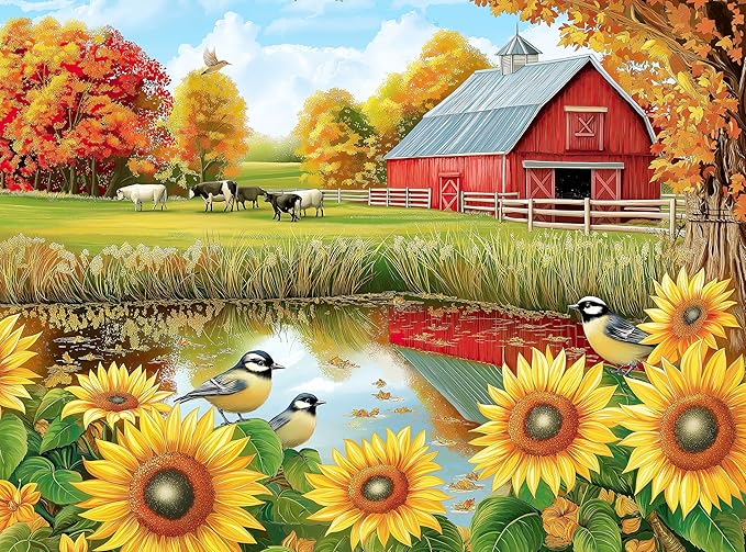 Adult Jigsaw Puzzle 1000 Piece Farm Scene | Features sunflowers, birds, and cows at a country barn. Challenging. Great for game nights on a table, puzzleboard, or floor.