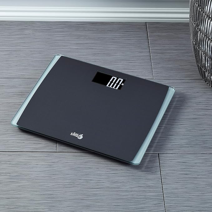 EatSmart Digital Bathroom Scale for Body Weight, 550 lb Capacity, Extra-Wide Glass Platform with Black Stainless Steel, Large Backlit LCD Display, Step-On Technology
