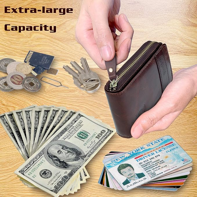 Admetus Mens Zipper Wallet Leather RFID Blocking Card Holder Zip Bifold | genuine leather,gift box packaging, ID window, 12 card slots,zip around