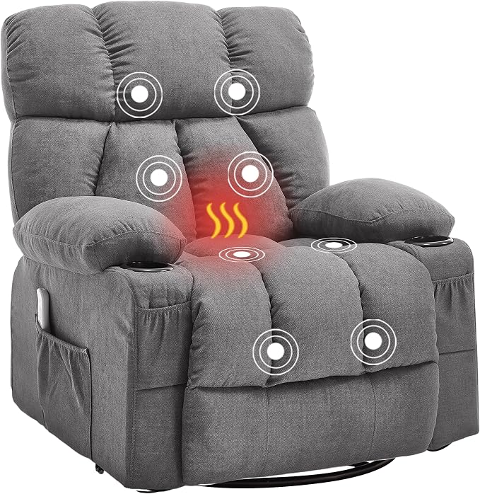 Oversized Massage Swivel Rocker Recliner Chair with Heat and Vibration Rocking Lounge Chair for Living Room Comfy Overstuffed Recliner with 4 Side Pockets,2 Cup Holders, USB Charge Port, Grey