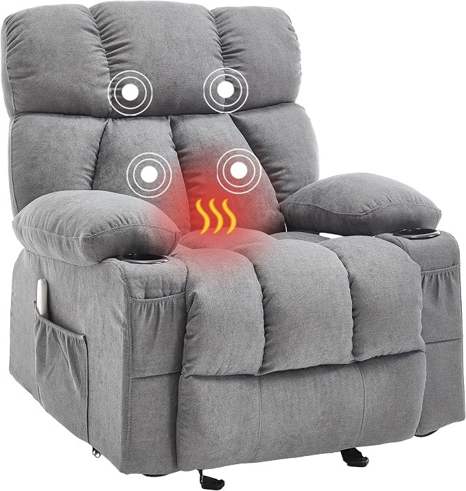 Massage Rocker Recliner Chair with Heat and Vibration Ergonomic Rocking Lounge Chair for Living Room Comfy Overstuffed Recliner with 4 Side Pockets,2 Cup Holders, USB Charge Port, Grey