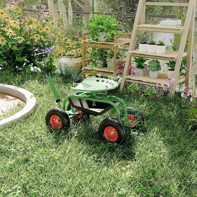 Garden Scooter Rolling Work Seat – 360° Swivel Garden Cart with Wheels, Tool Tray & Steering Handle – Heavy Duty Outdoor Stool for Planting, Weeding & Yard Work