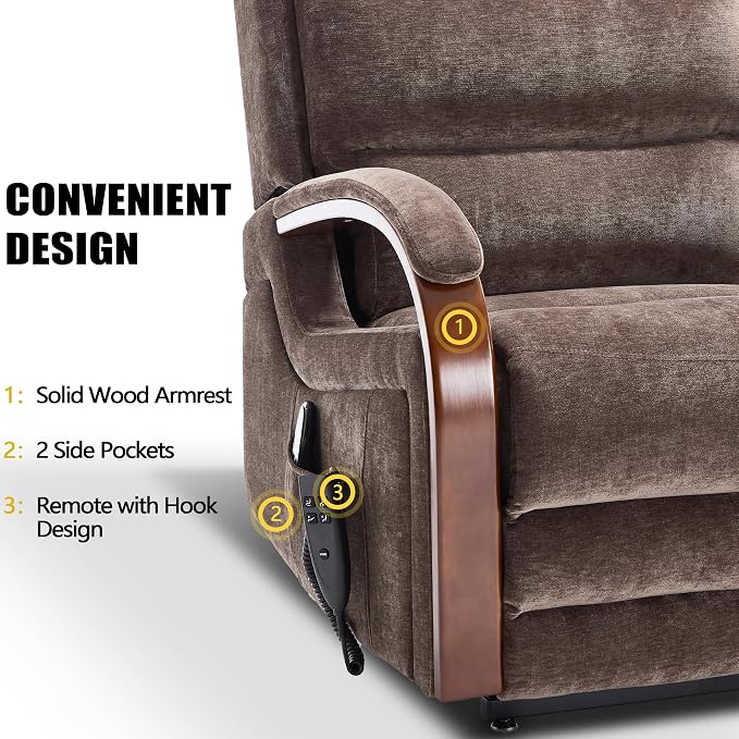 Power Lift Recliner Chair for Elderly People, Dual Motor Lift Chair with Vibration Massage and Heat, Lay Flat Recliner with Solid Wood Armrest, Standing Assistance Reclining, Chenille Fabric Brown