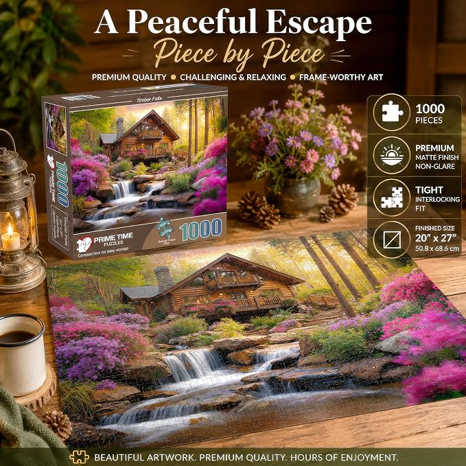 Adult Jigsaw Puzzle Mountain Cabin Waterfall | 1000-piece nature landscape photograph set in a forest. 20x27. Great for game nights on a table, puzzleboard, or floor.